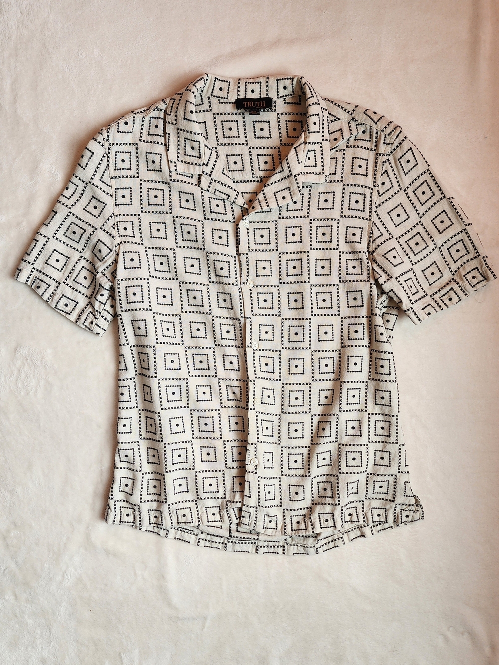 Linen Blend Short-Sleeve Button-Down with Black Embroidered Geometric Pattern